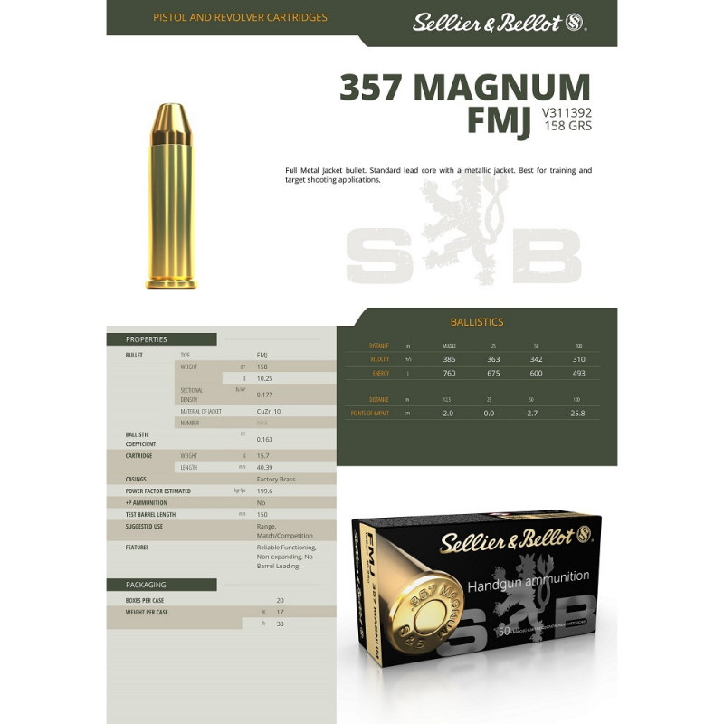 Munitions .357 Mag Sellier & Bellot 158gr FMJ | Chasse-Tir-Concept