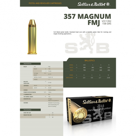 MUNITIONS SELLIER & BELLOT CALIBRE 357 MAG FMJ 158gr - 10.2g
