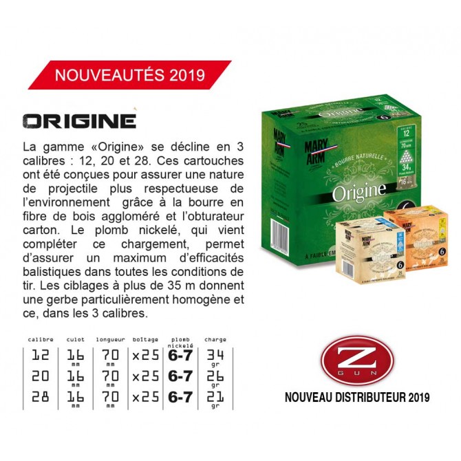 CARTOUCHES ORIGINE DE MARY ARM Calibre 12 34g BG pb 6